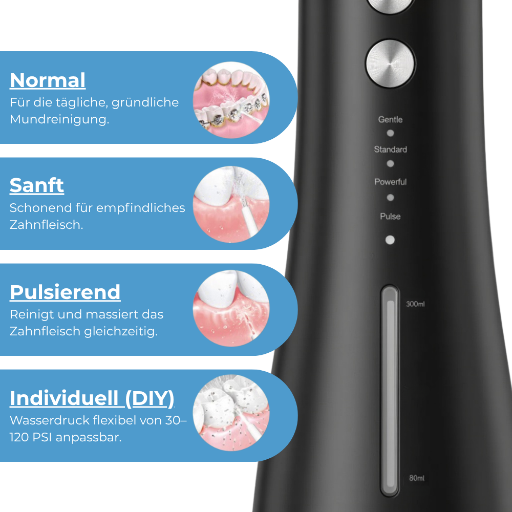 Hydropulseur sans fil pour un soin efficace des dents et des gencives avec 4 modes et 4 embouts, réservoir d'eau de 300 ml, pression d'eau de 30 à 120 PSI et protection contre l'eau IPX7